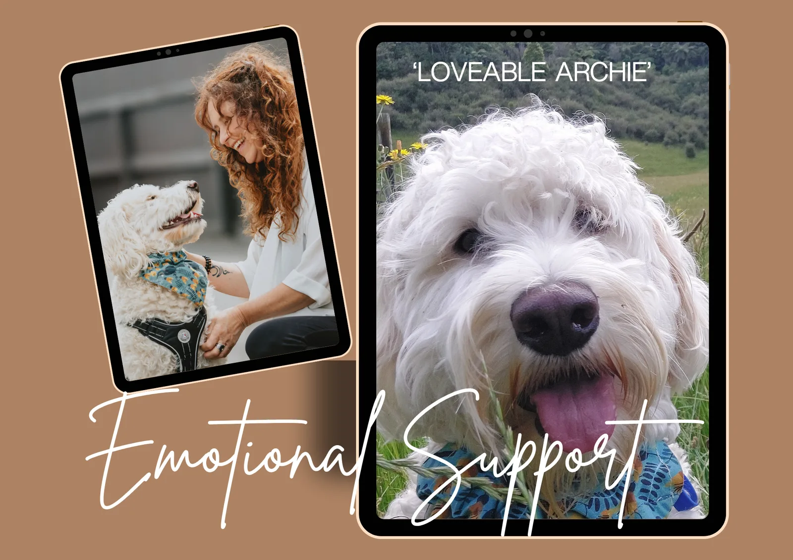 Emotional Support graphic featuring Archie with Leanne and a close-up portrait of Archie